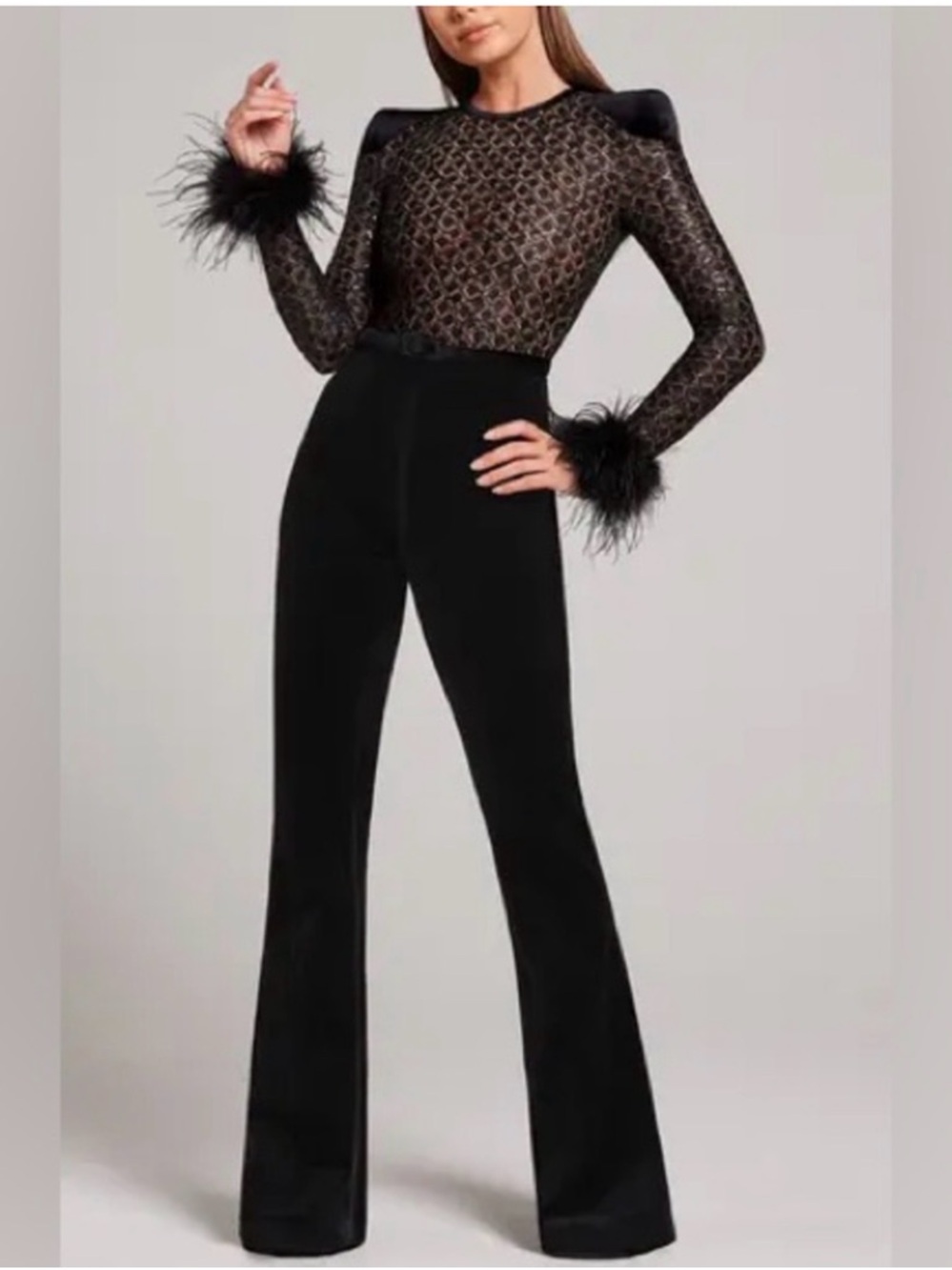 NADINE MERABI Mixed Media Black
Monique Velvet Sequin Glitter
Feather Jumpsuit S - Picture 3 of 8